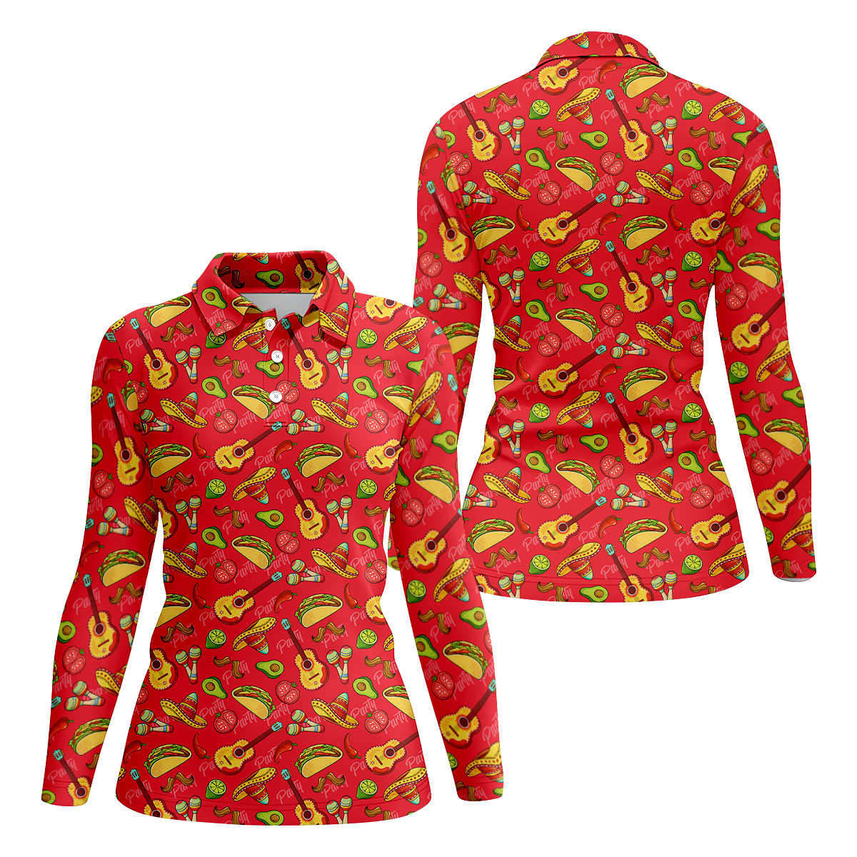 Mexican Party Seamless Pattern Red Ladies Golf Tops, Cinco De Mayo Celebration Golf Shirt For Women