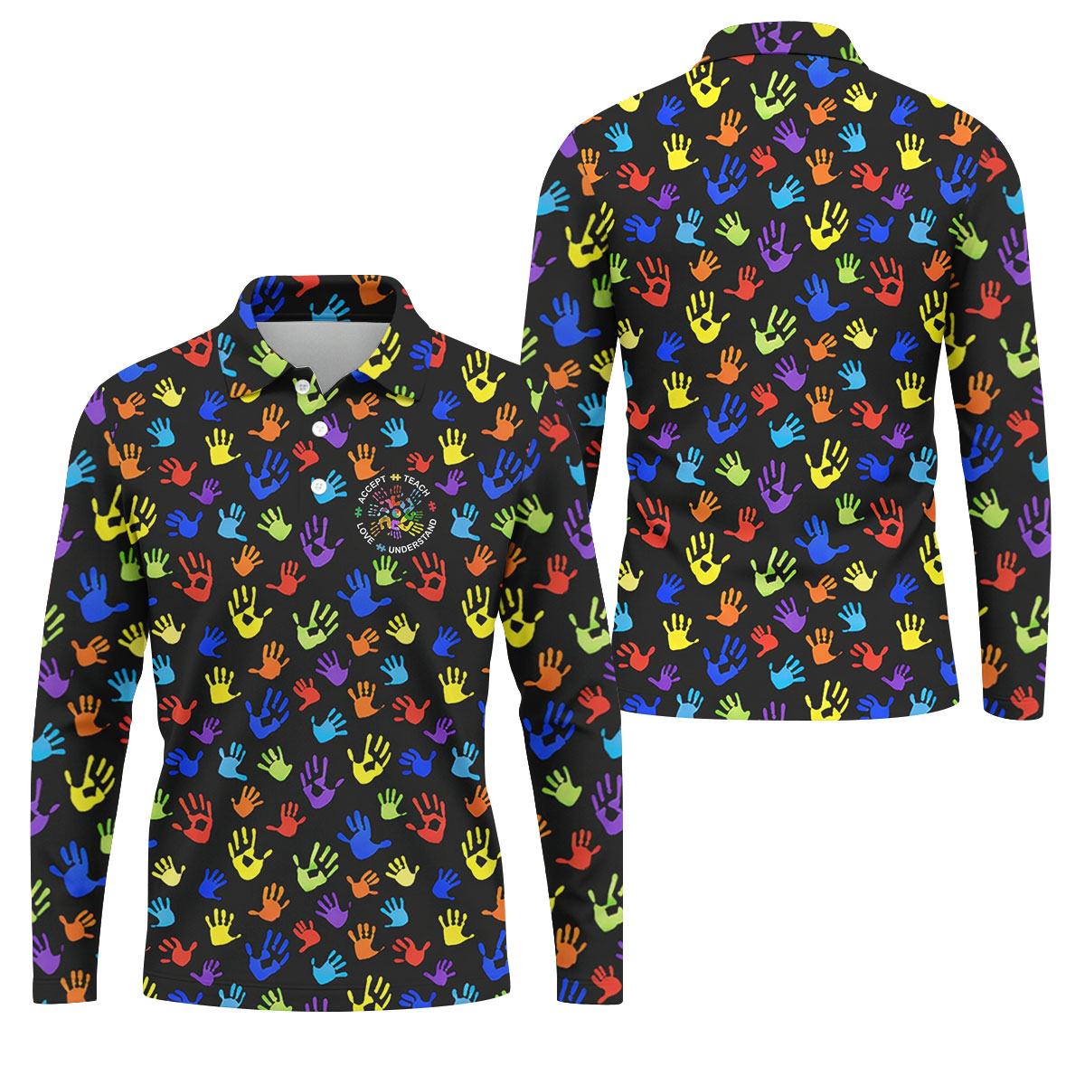 Accept Teach Understand Love Autism Awareness Colorful Handprint Black Golf Shirt, Golf Shirts For Men