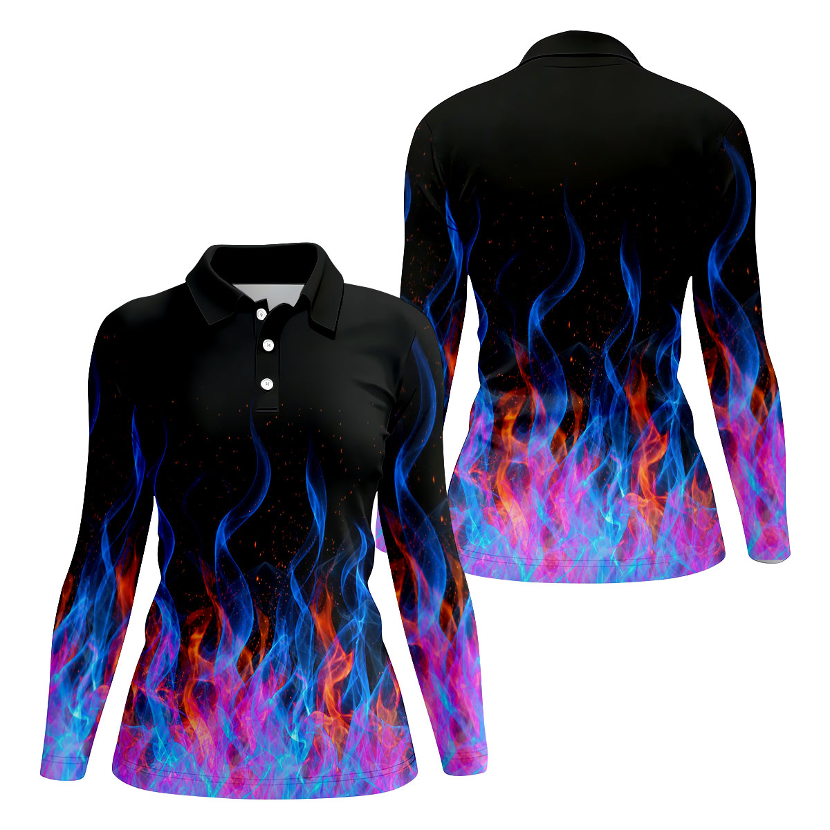 Black Blue Flame Fire Pattern Golf Shirt, Ladies Golf Shirts, Women’s Golf Apparel, Printed Golf Shirt