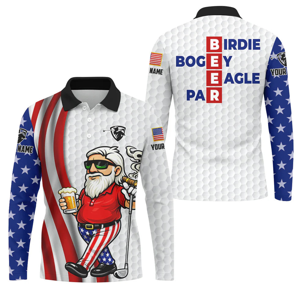 Custom Name Beer Golf Polo, Birdie Bogey Eagle Par Funny Men's White Shirt, Patriotic 250th Anniversary Golfing Top