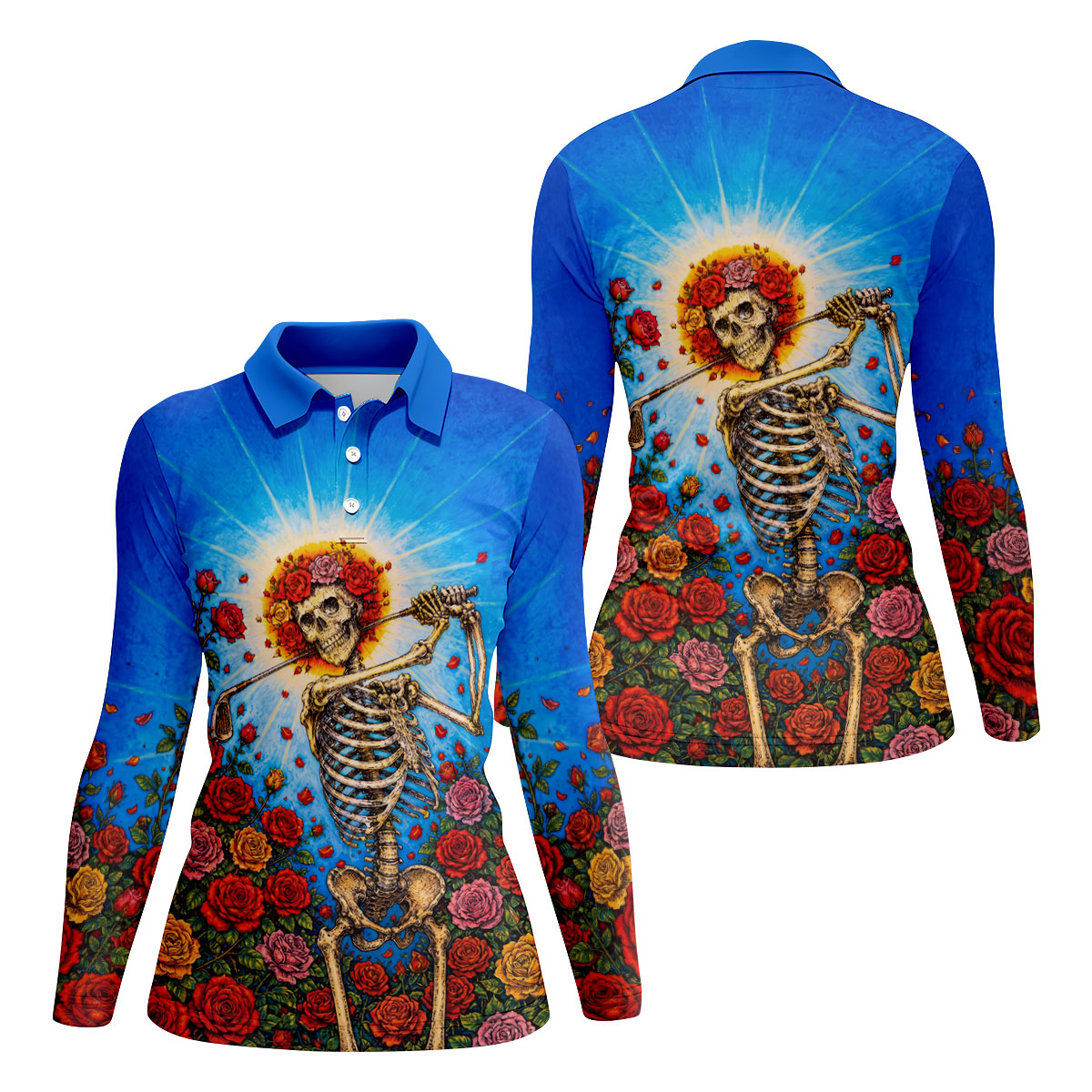 Skeleton Blowing Golf Club Halloween Polo Shirt, Women’s Golf Polo, Ladies Golf Top