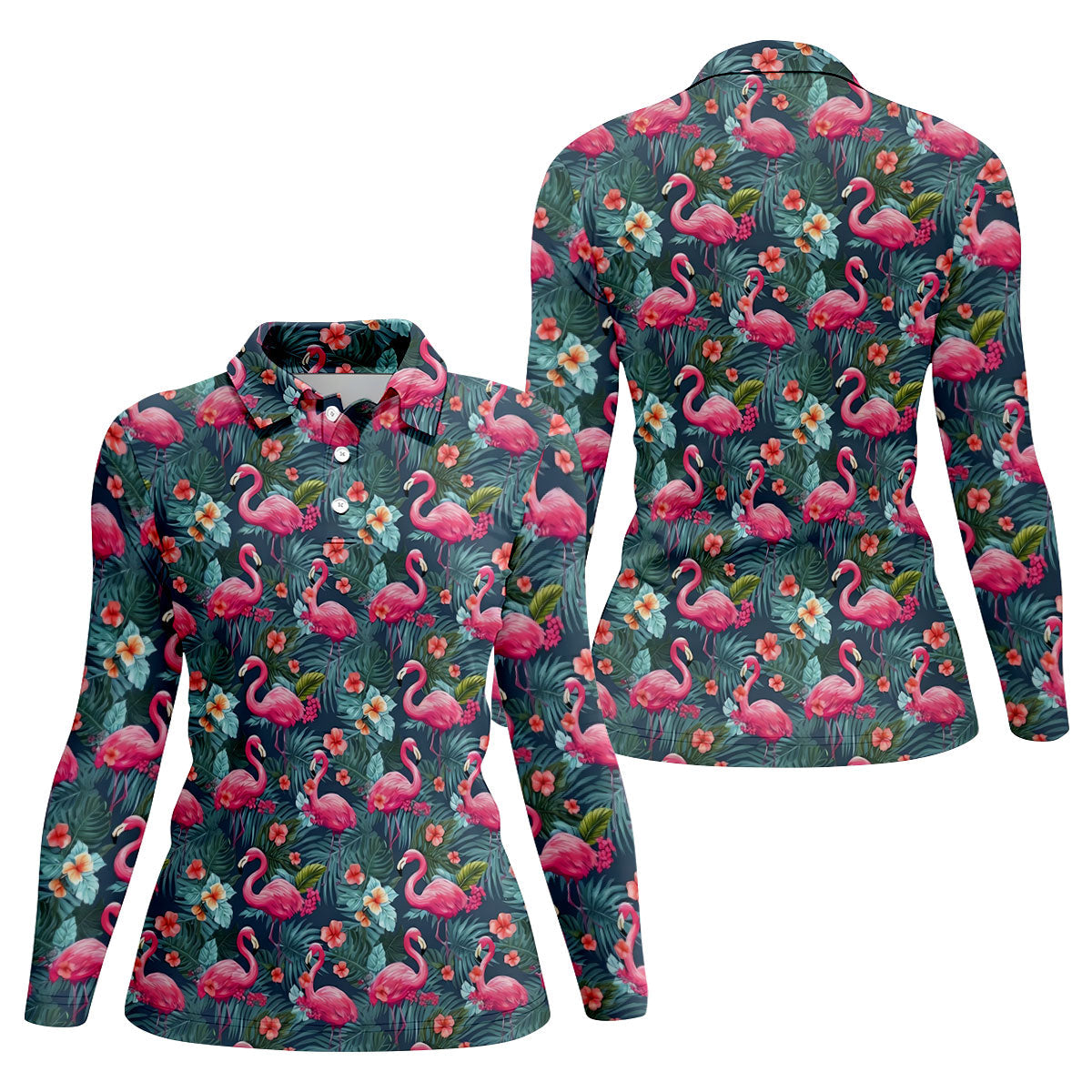 Pink Flamingo Tropical Floral Golf Polo Shirt, Golf Shirts For Women, Women's Golf Apparel