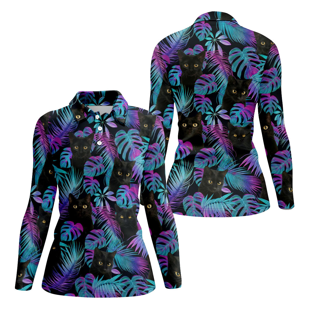 Funny Black Cat Purple Blue Gradient Hawaiian Golf Shirt, Golf Shirt For Women