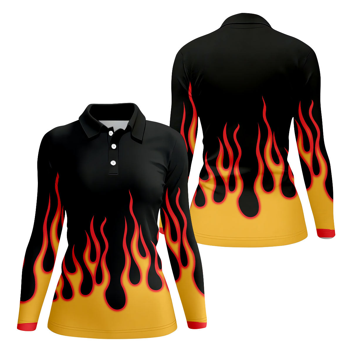 Black Red Yellow Flame Sleeve Golf Shirt, Hawaiian Golf Shirt, Golf Tops For Women