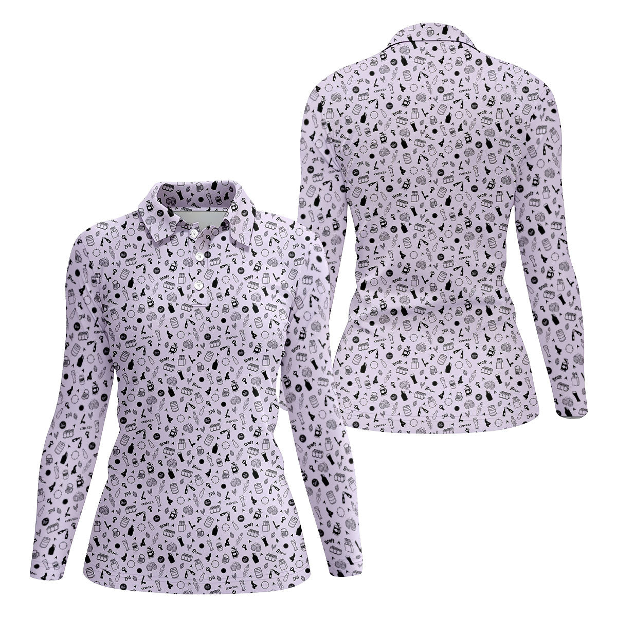 Light Purple Beer Brewing Icons Pattern Polo Shirt, Women’s Golf Apparel, Performance Golf Shirt