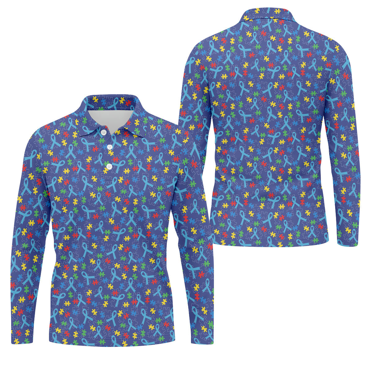 Autism Puzzle Ribbon Pattern Golf Tops For Men, Autism Awareness Color Polo Shirts For Men, Golf Shirts For Men