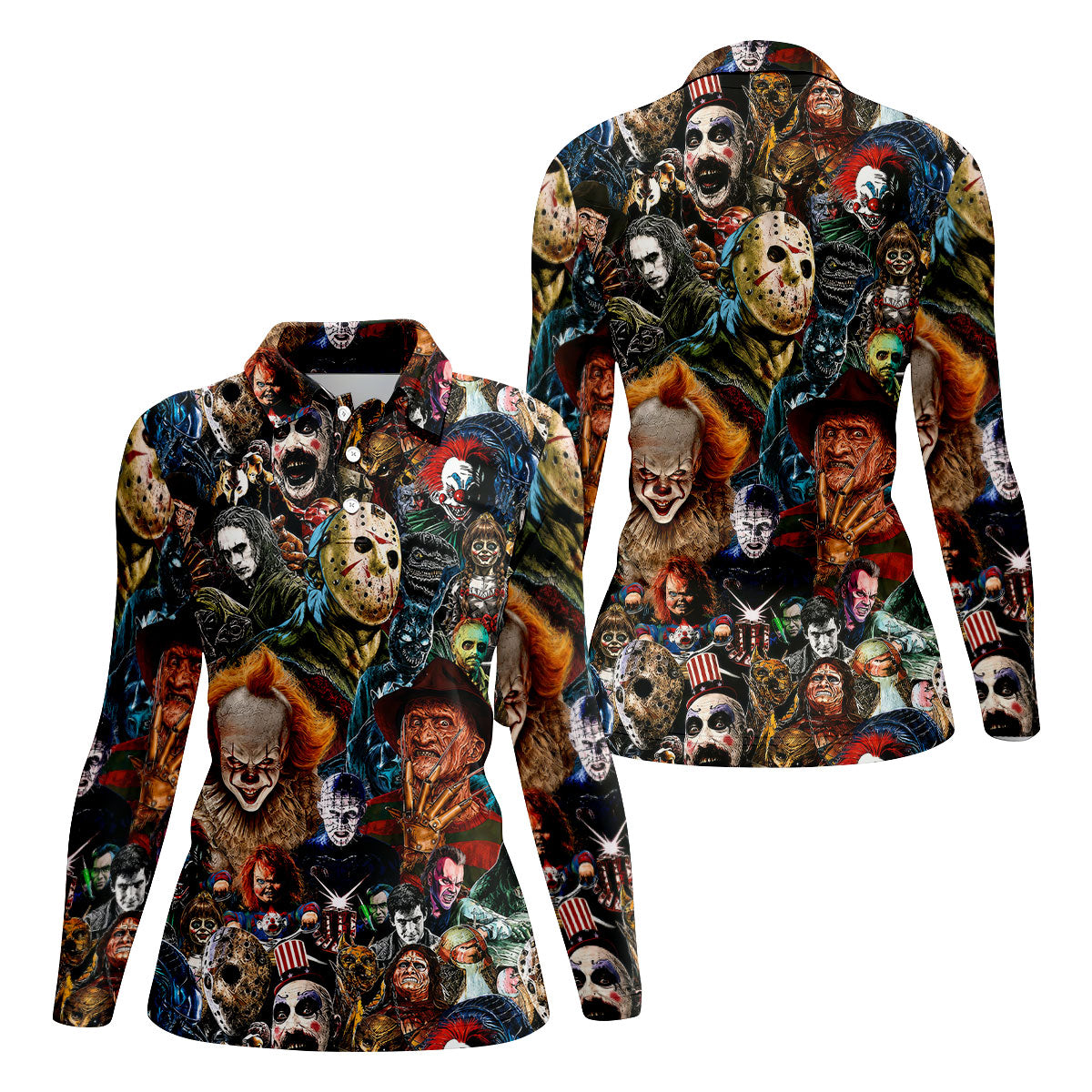 Classic Horror Character Icons Collage Golf Polo Shirt, Women's Golf Polo, Ladies Golf Shirts