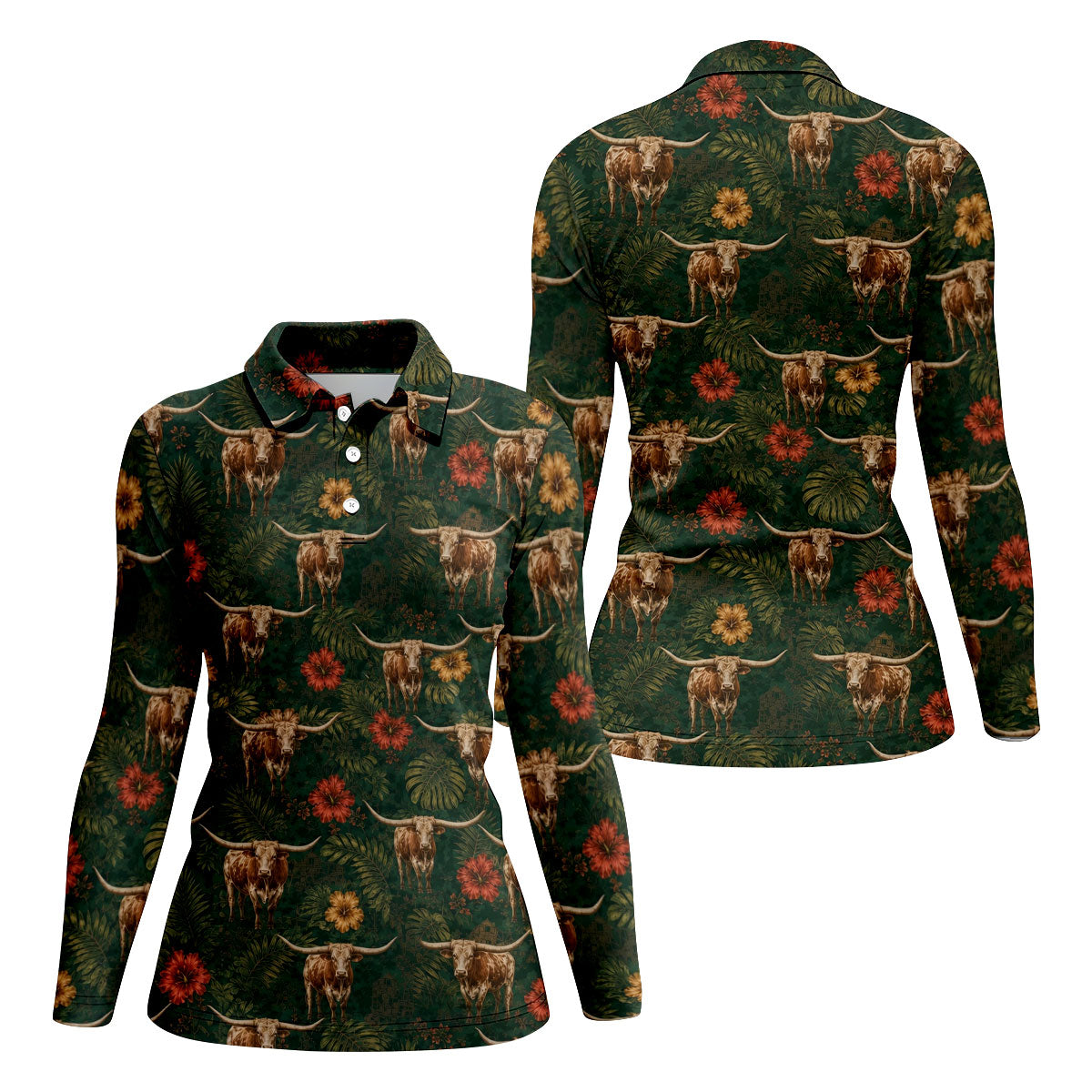 Texas Longhorn Tropical Pattern Golf Polo Shirt, Women's Golf Tops, Ladies Golf Shirts