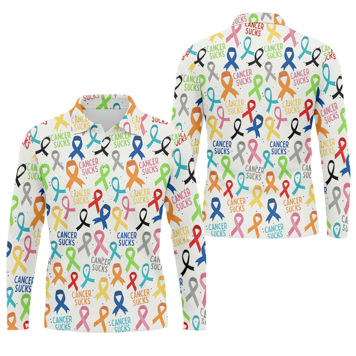 Cancer Sucks Multicolor Awareness Ribbon Polo Shirt, Mens Golf Polo, Printed Golf Shirts