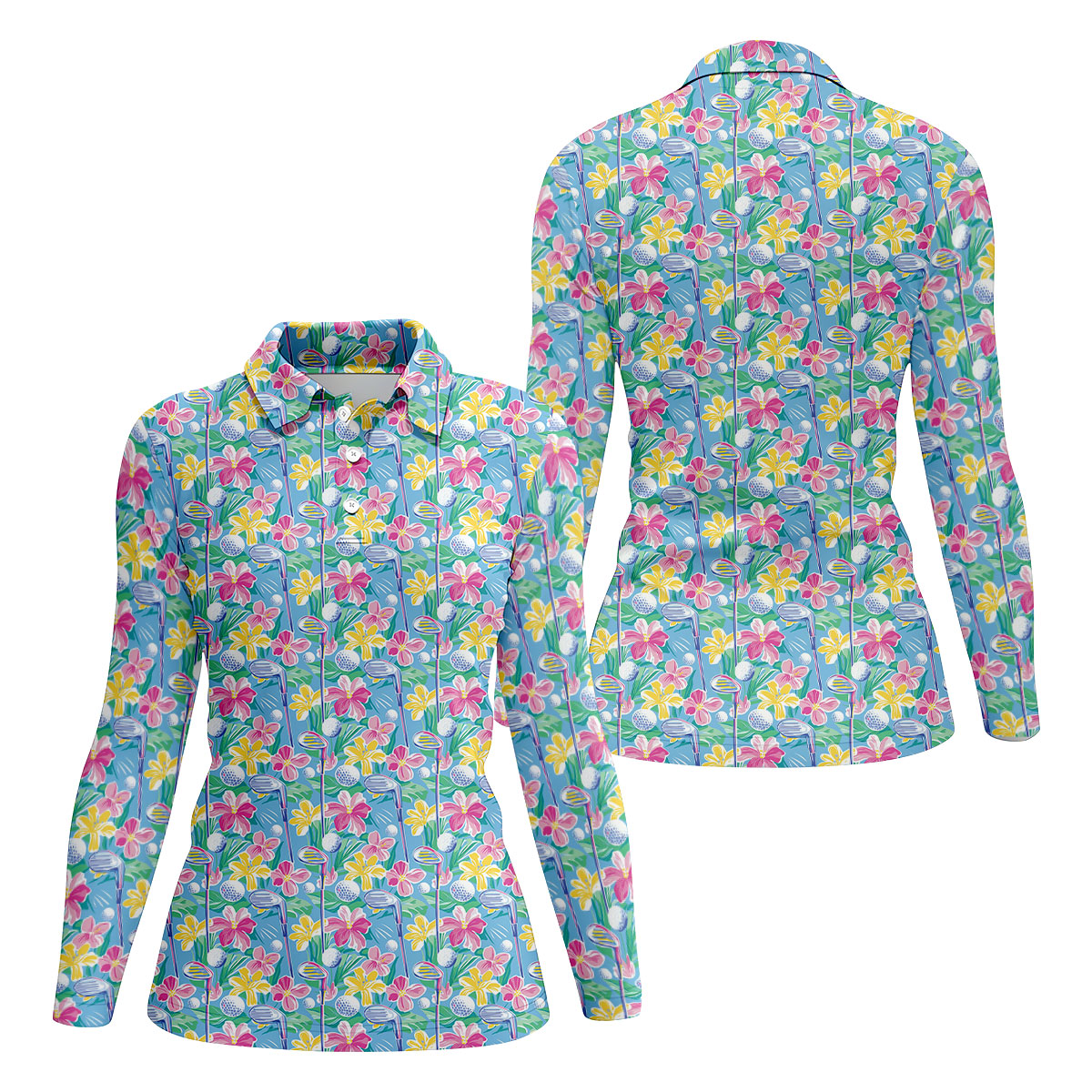 Tropical Floral Golf Clubs Hawaiian Golf Polo Shirt, Women's Golf Polo, Golf Tops For Women