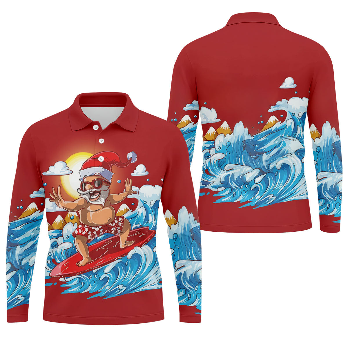 Men's Funny Santa Surfing Men's Golf Polo, Christmas Golf Shirt, Golf Apparel For Men