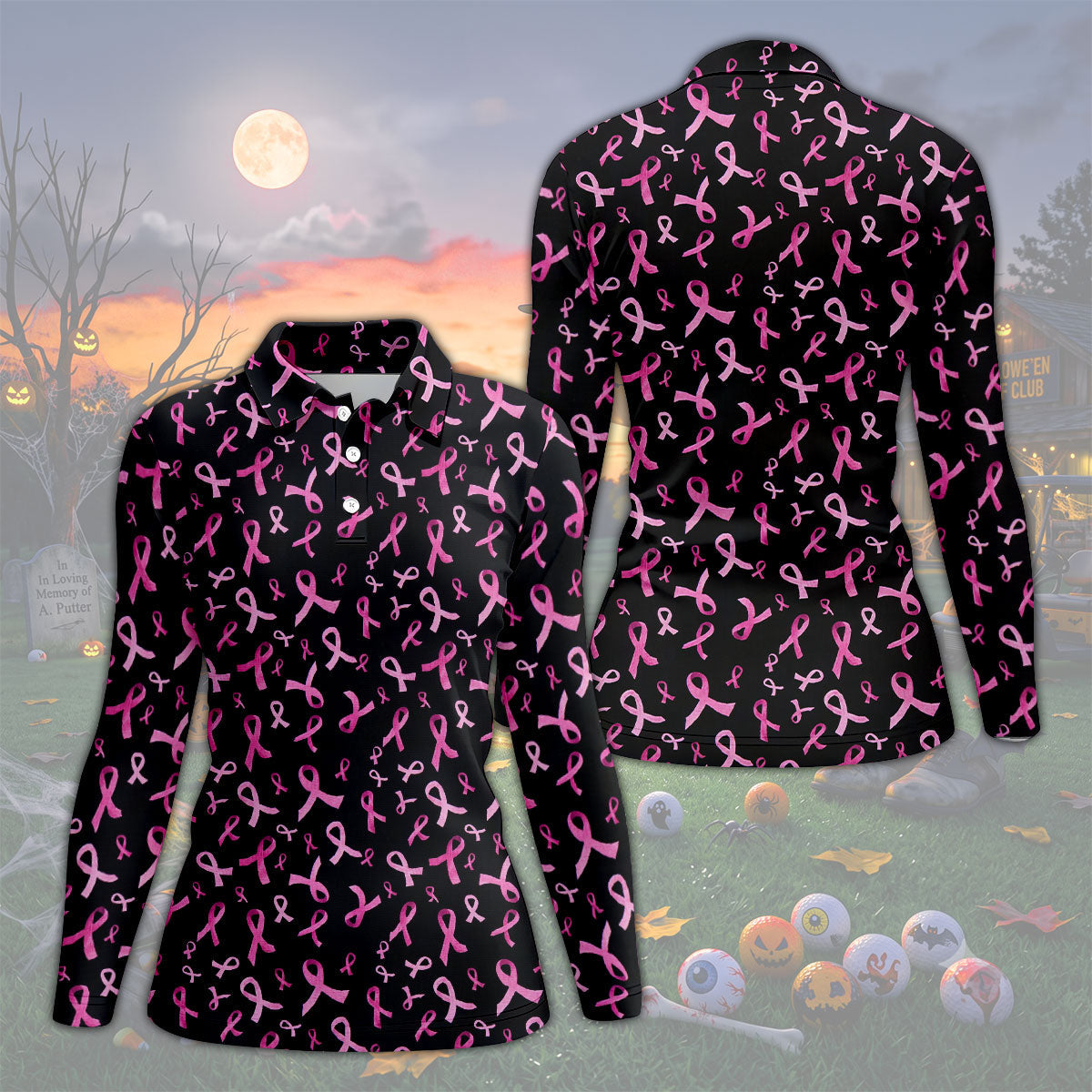 Watercolor Pink Ribbon Breast Cancer Polo Shirt, Golf Tops For Women, Printed Golf Shirt