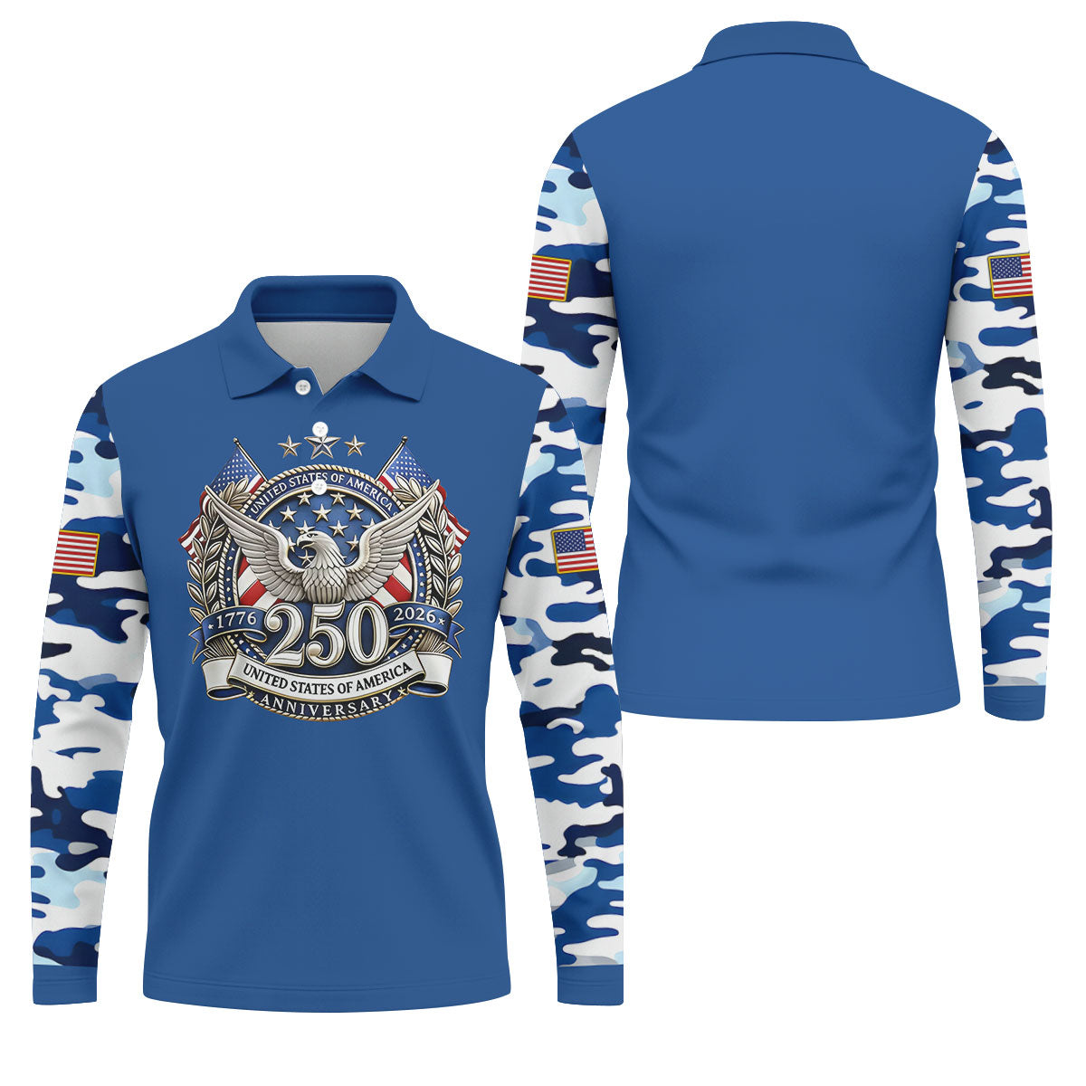 Patriotic Bald Eagle Blue And White Camo Blue Golf Shirt, 250th Anniversary Golf Shirts For Men