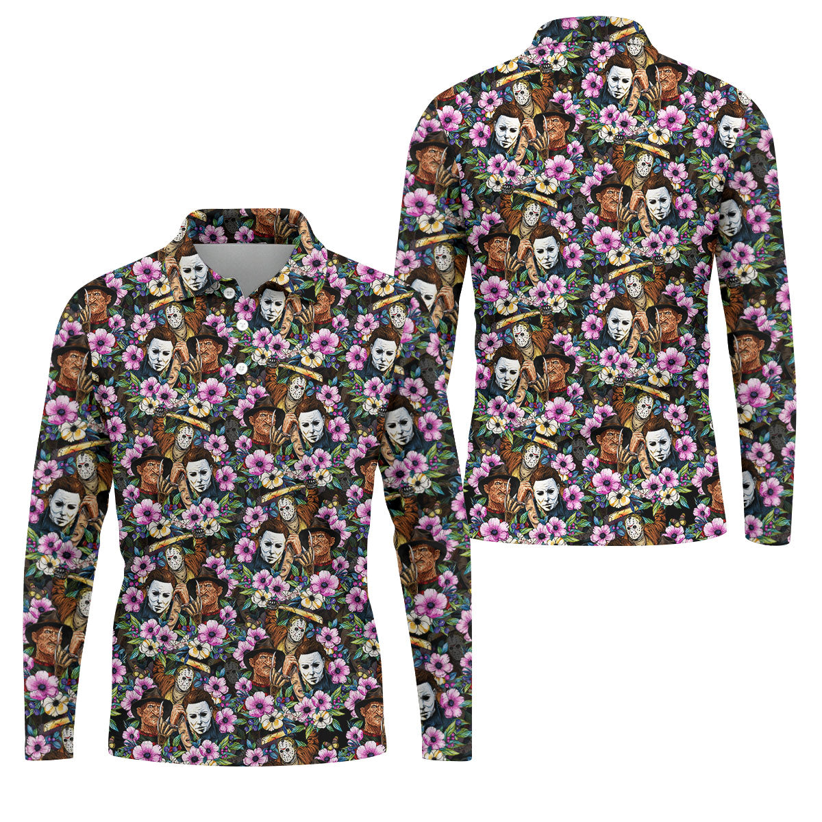 Floral Horror Character Halloween Golf Polo Shirt, Halloween Shirt, Golf Shirts For Men