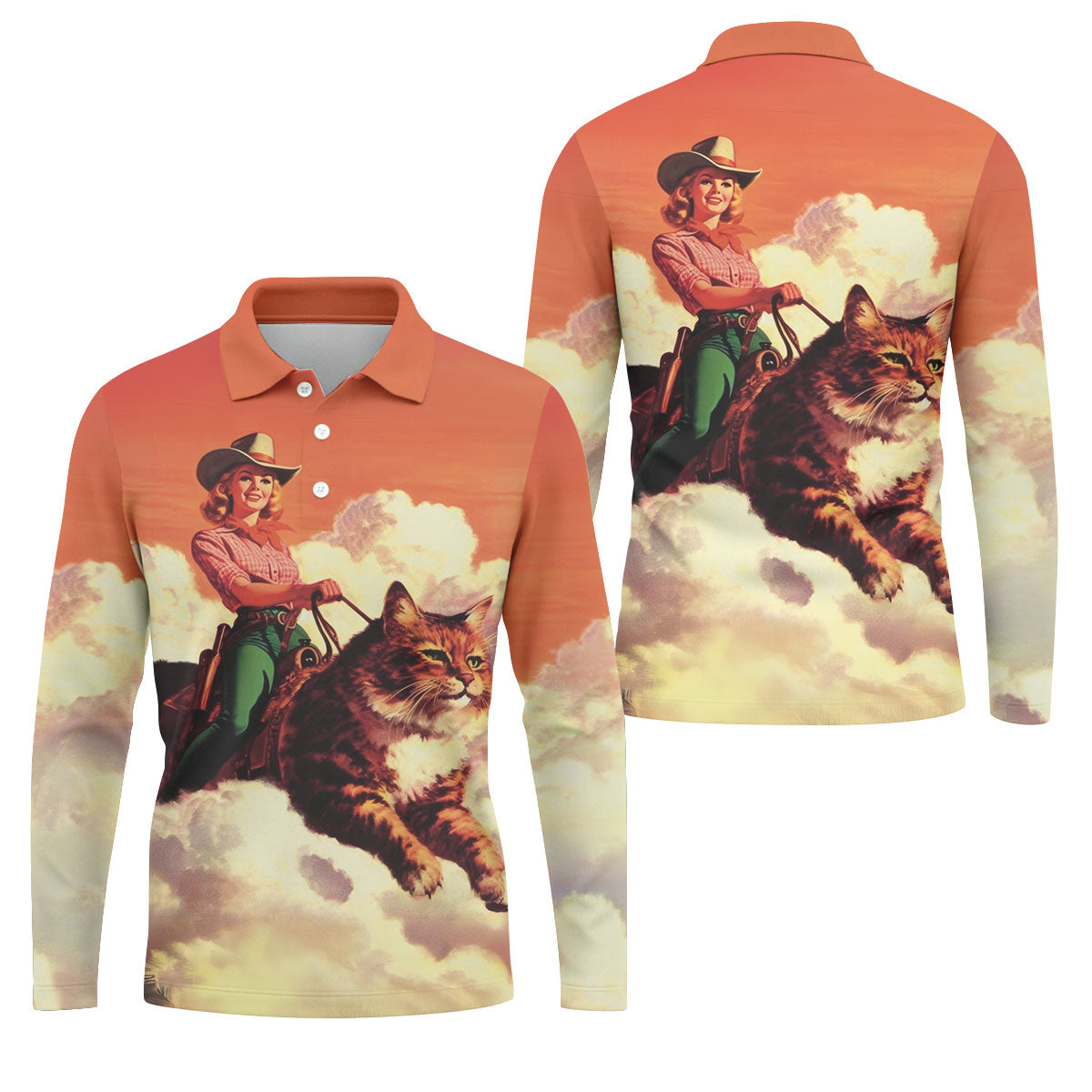 Orange Vintage Cowgirl Riding Giant Cat Golf Polo Shirt, Golf Shirts For Men, Hawaiian Golf Shirt