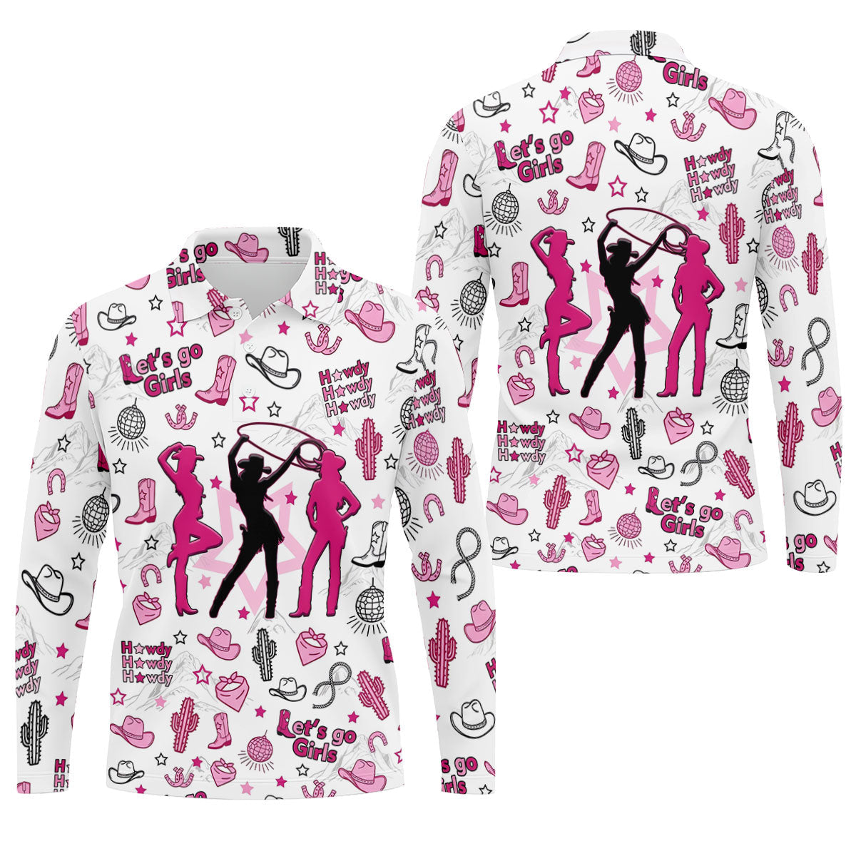 Pink Black Three Cowgirls Western Golf Polo Shirt, Mens Golf Polo, Golf Shirts For Men