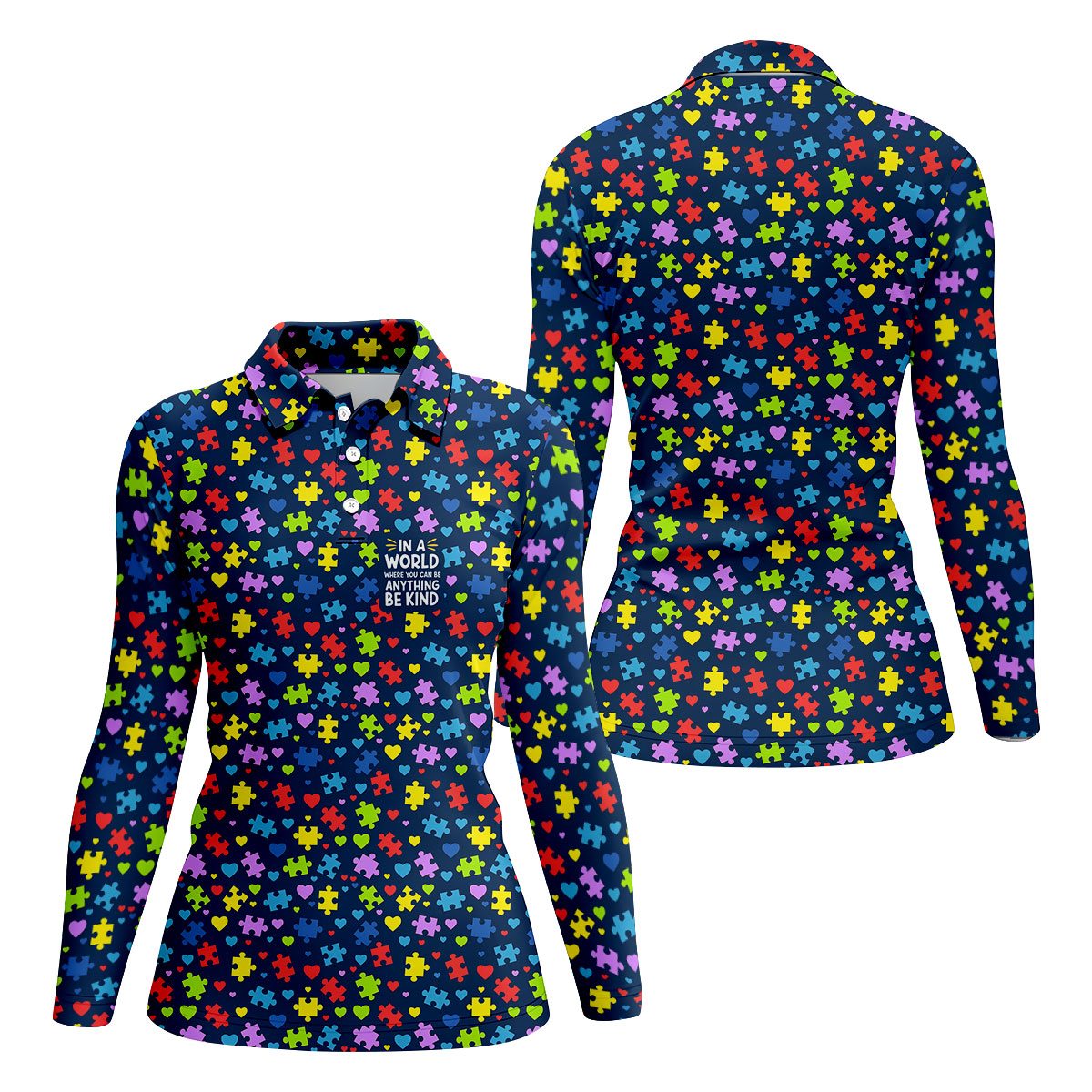 In A World Where You Can Be Anything Be Kind Autism Awareness Puzzle Pattern Navy Golf Shirt, Golf Shirt For Women