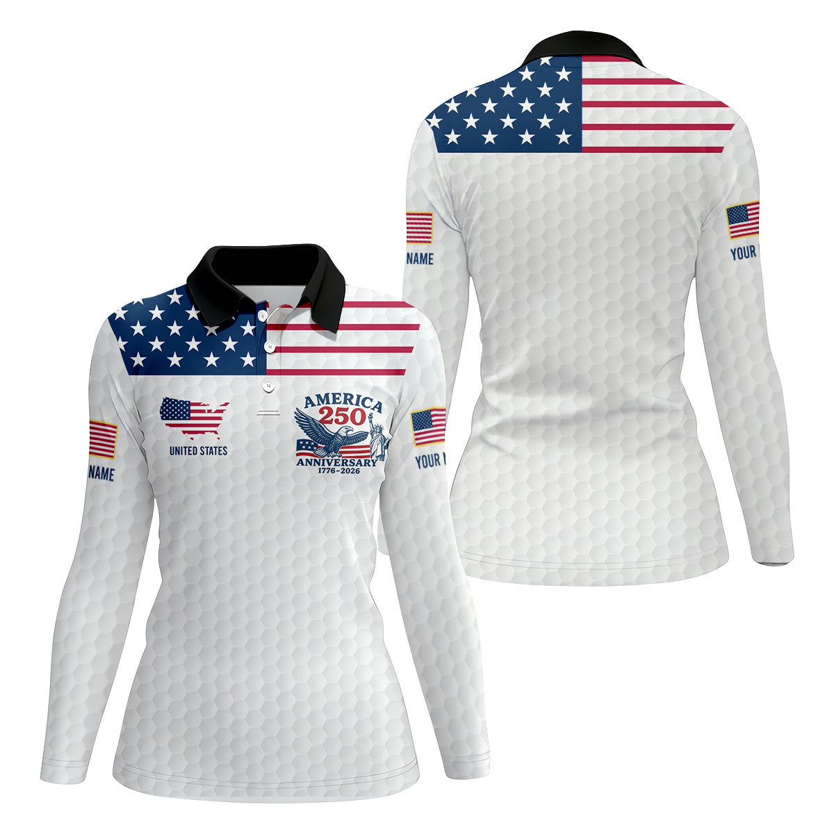 America 250 Anniversary 1776-2026 Golf Ball Pattern Patriotic Golf Shirt, Women's Golf Tops, Ladies Golf Polos