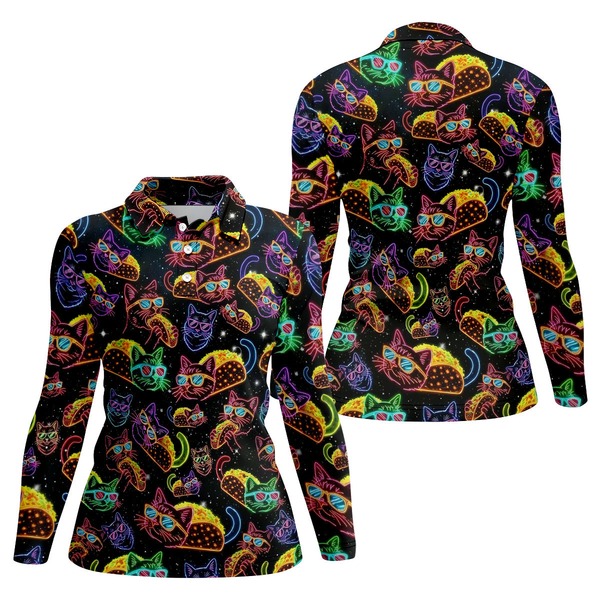 Neon Cat Taco Fiesta Time Hawaiian Golf Shirt, Cinco De Mayo Celebration Golf Shirt For Women