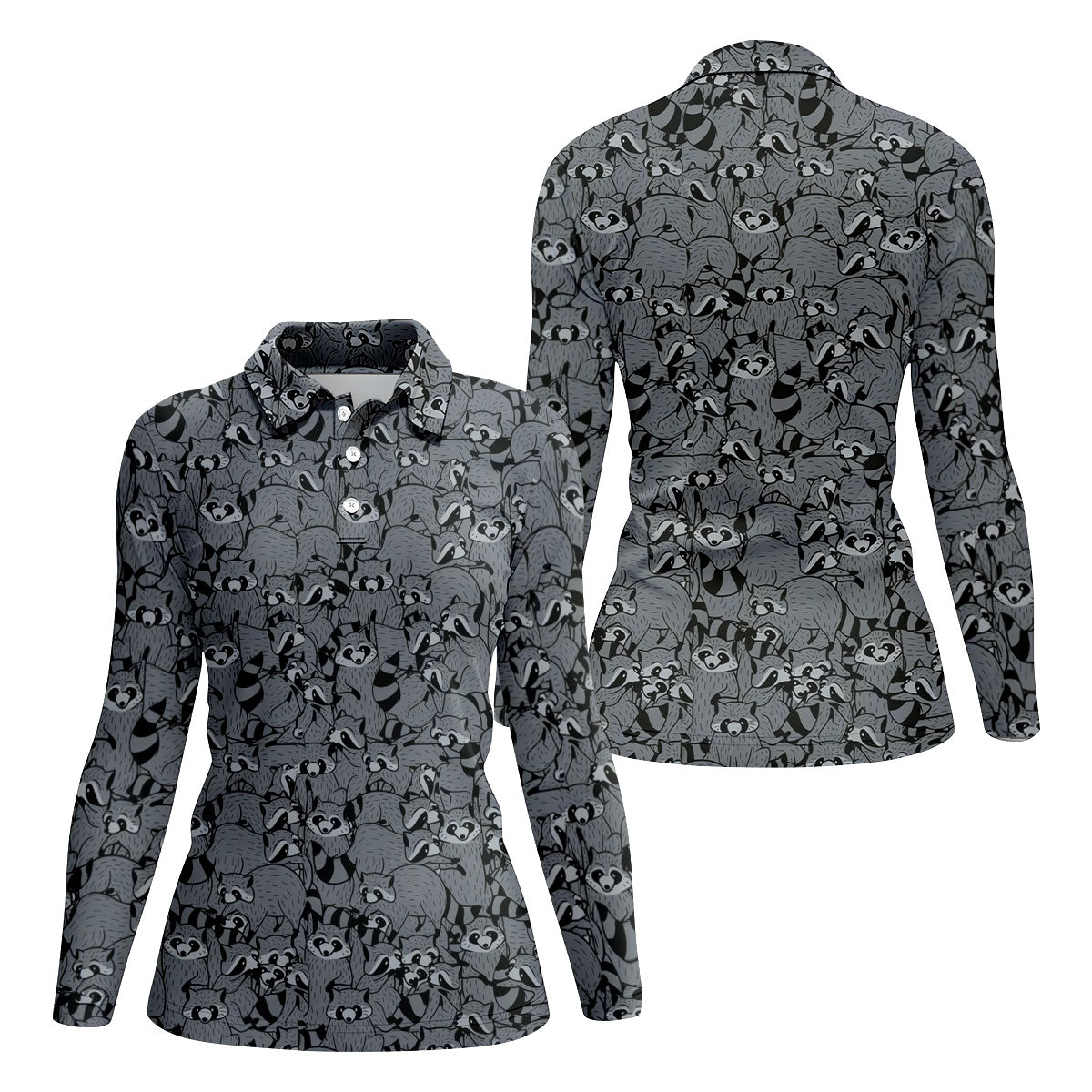 Gray Cartoon Raccoon Pattern Golf Polo Shirt, Golf Shirts For Women, Women's Golf Polo