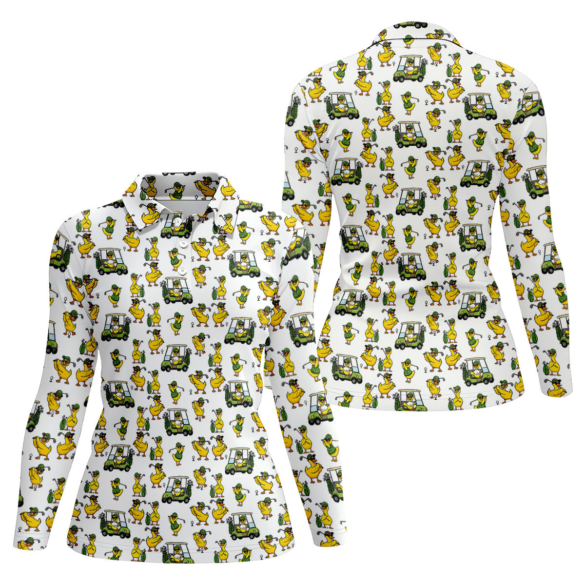 Funny Duck And Golf Cart Pattern Polo Shirt, Womens Golf Polo, Golf Apparel For Women