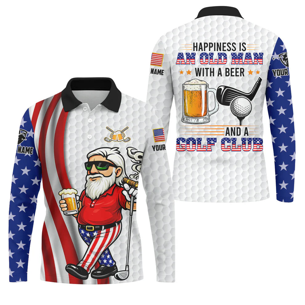 Happiness Is An Old Man With A Beer Funny 4th Of July White Golf Shirt, 250th Anniversary Golf Shirts For Men