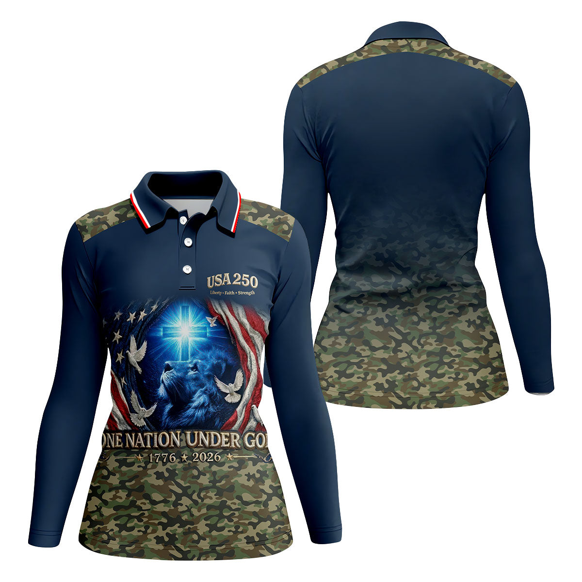 One Nation Under God Faith Cross USA 250 Navy Camo Golf Shirt, 4th Of July Golf Shirt For Women