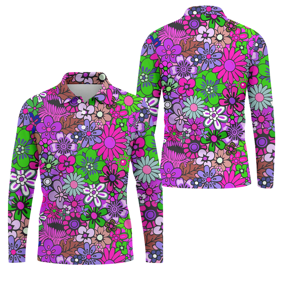 Pink Purple Retro Flower Power Golf Shirt, Mens Polo Shirts, Hawaiian Golf Shirt, Printed Golf Shirts