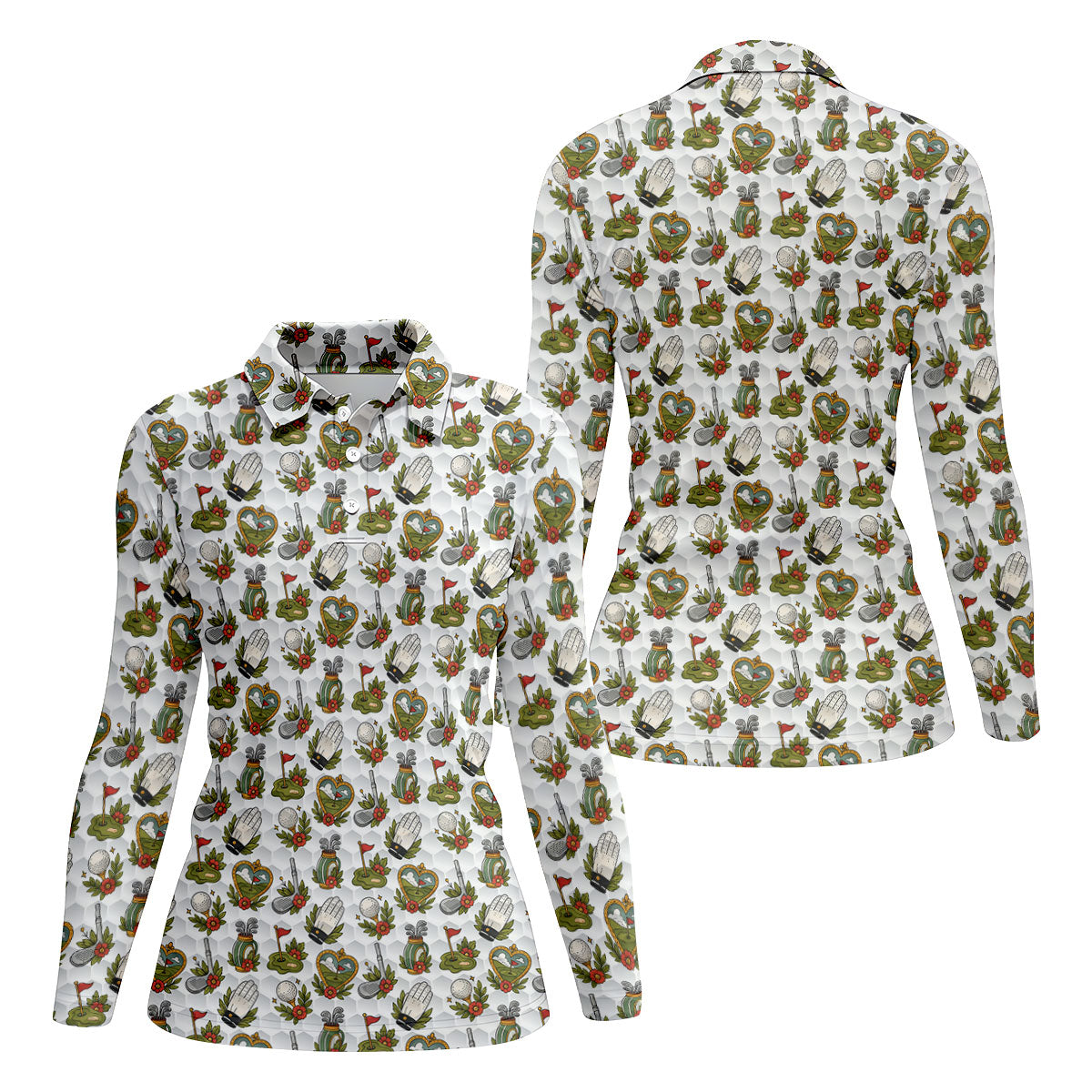 Floral Golf Club Pattern White Hawaiian Golf Shirt, Women's Golf Tops, Golf Polo For Women