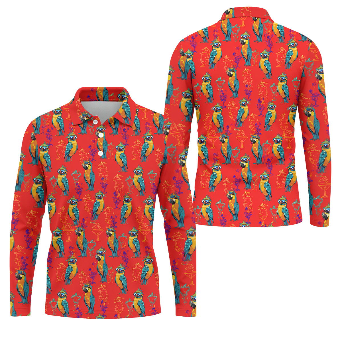 Red Parrot Sunglasses Cocktail Pattern Golf Shirt, Hawaiian Golf Shirt, Golf Shirts For Men, Mens Golf Apparel