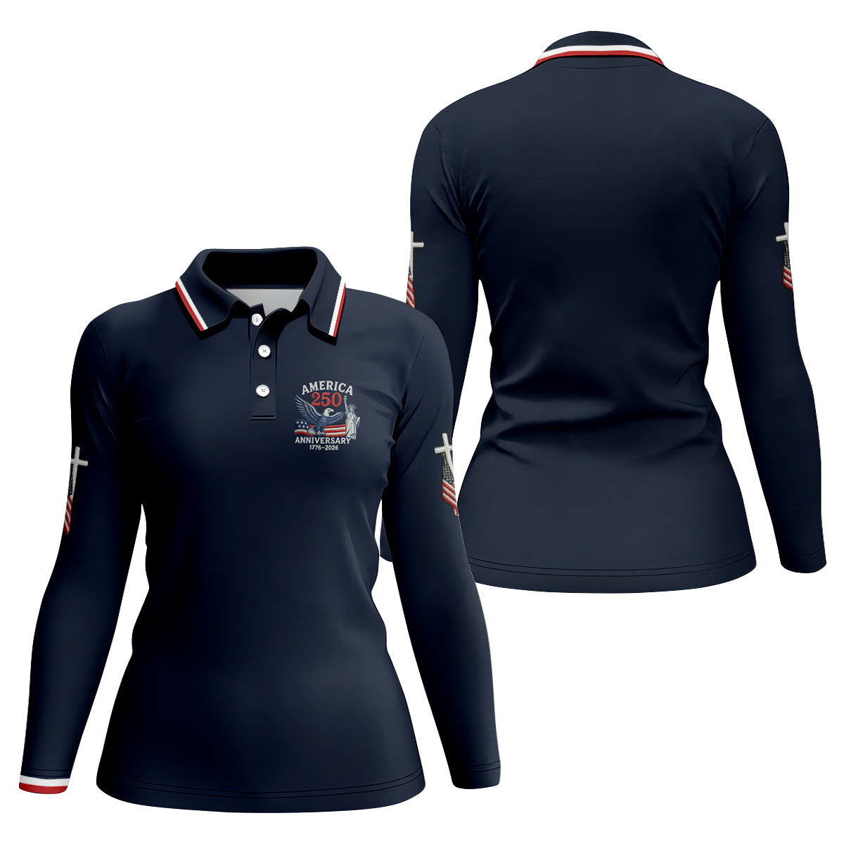 Faith Cross Bald Eagle America 250 Anniversary Navy Patriotic Golf Shirt, Golf Shirt For Women