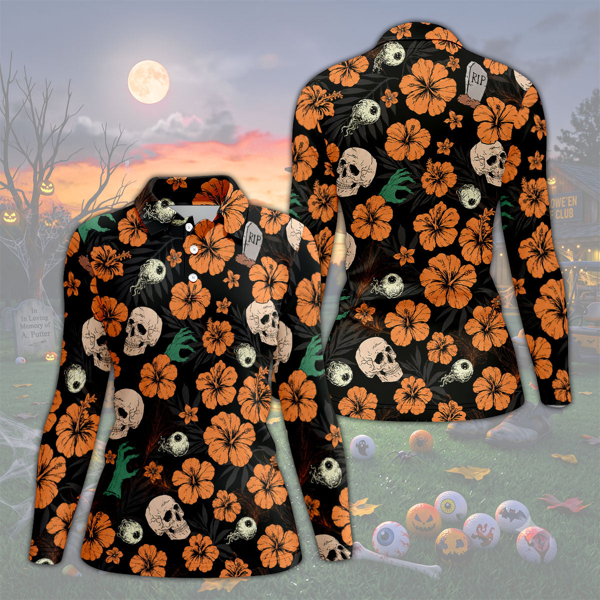 Halloween Skull Hibiscus Floral Pattern Golf Polo Shirt, Ladies Golf Shirts, Golf Polo For Women