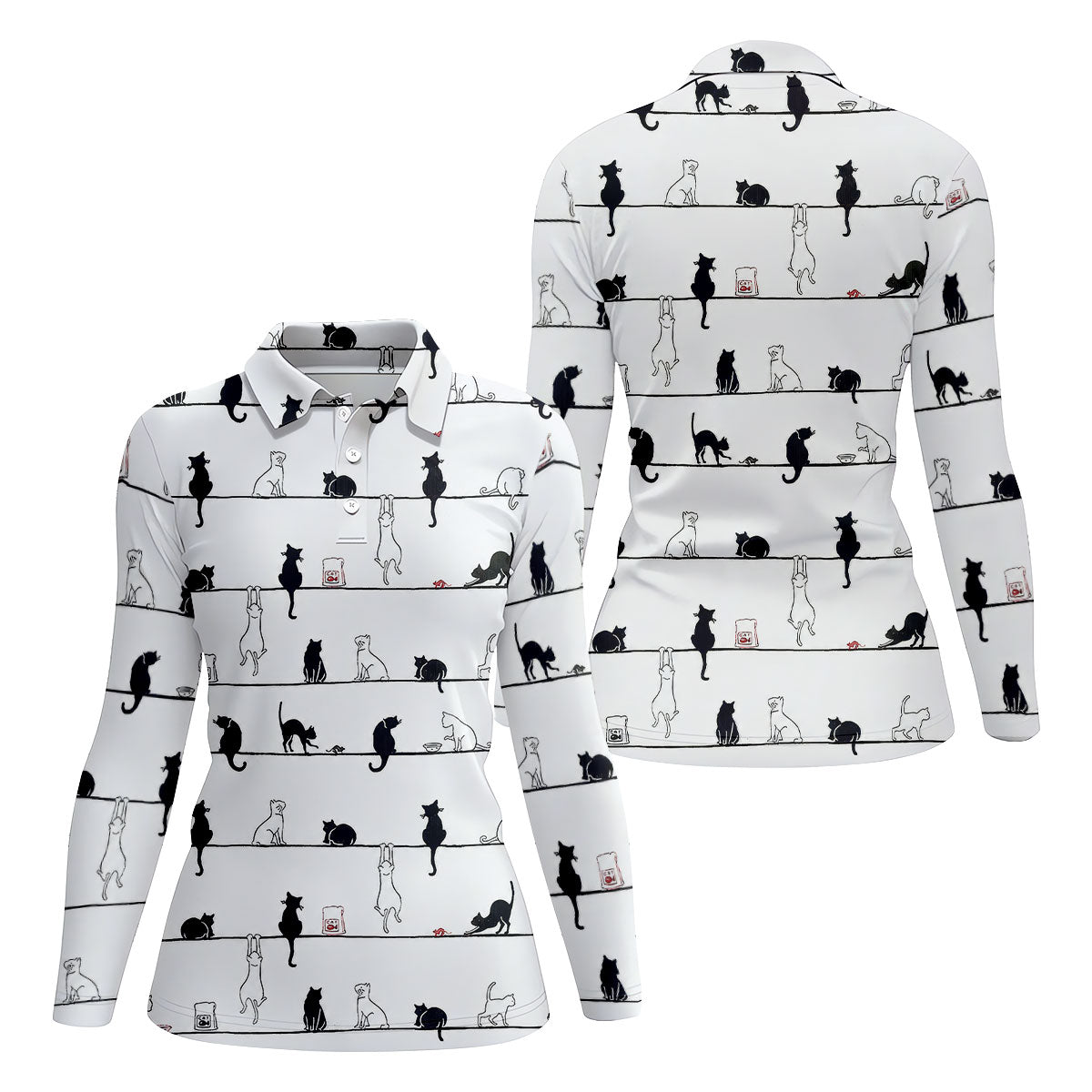 Cute Black and White Cats Pattern Golf Shirt, Women's Golf Tops, Golf Shirts For Women