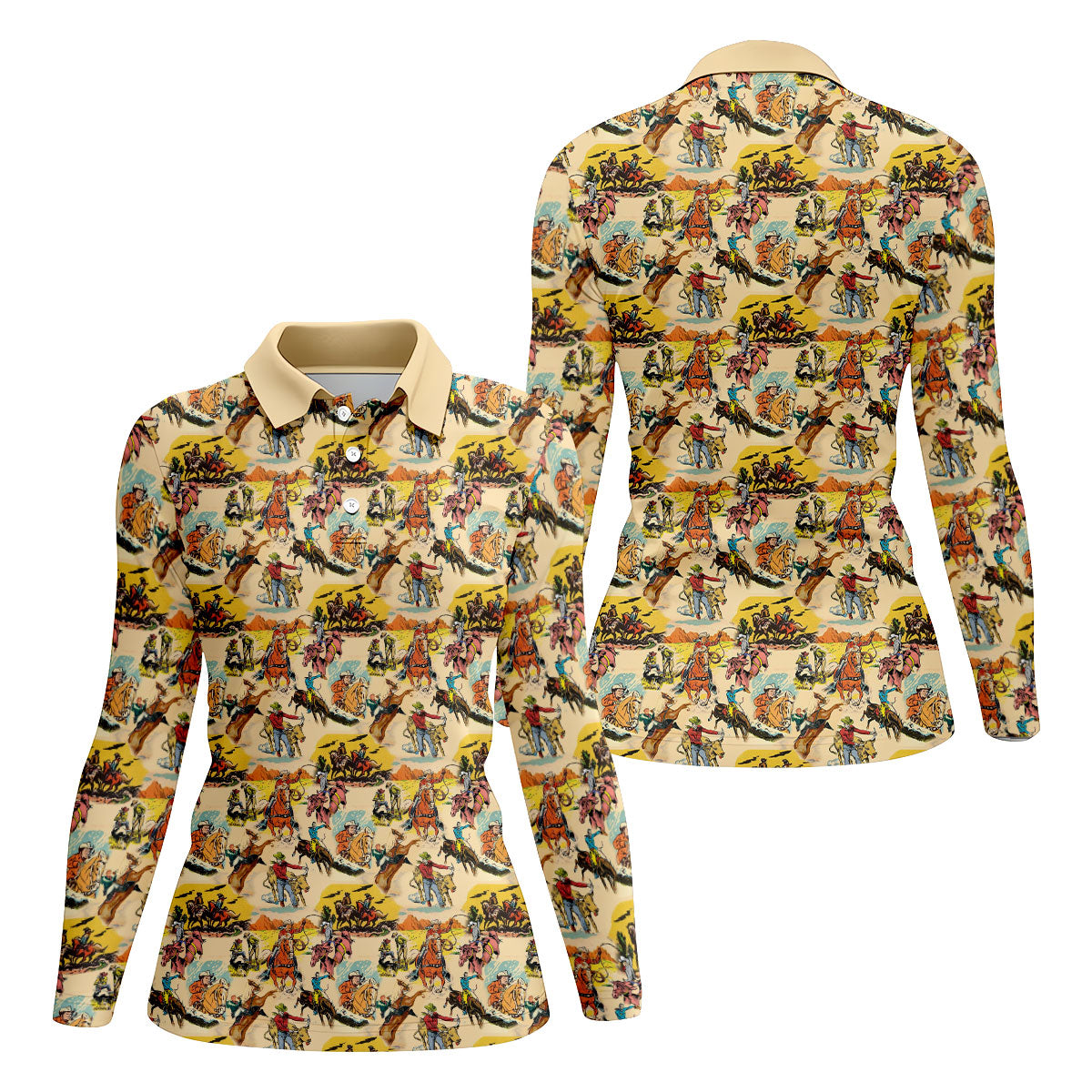 Vintage Cowboy Western Theme Old West Women Golf Top, Ladies Golf Shirts, Golf Shirt For Women