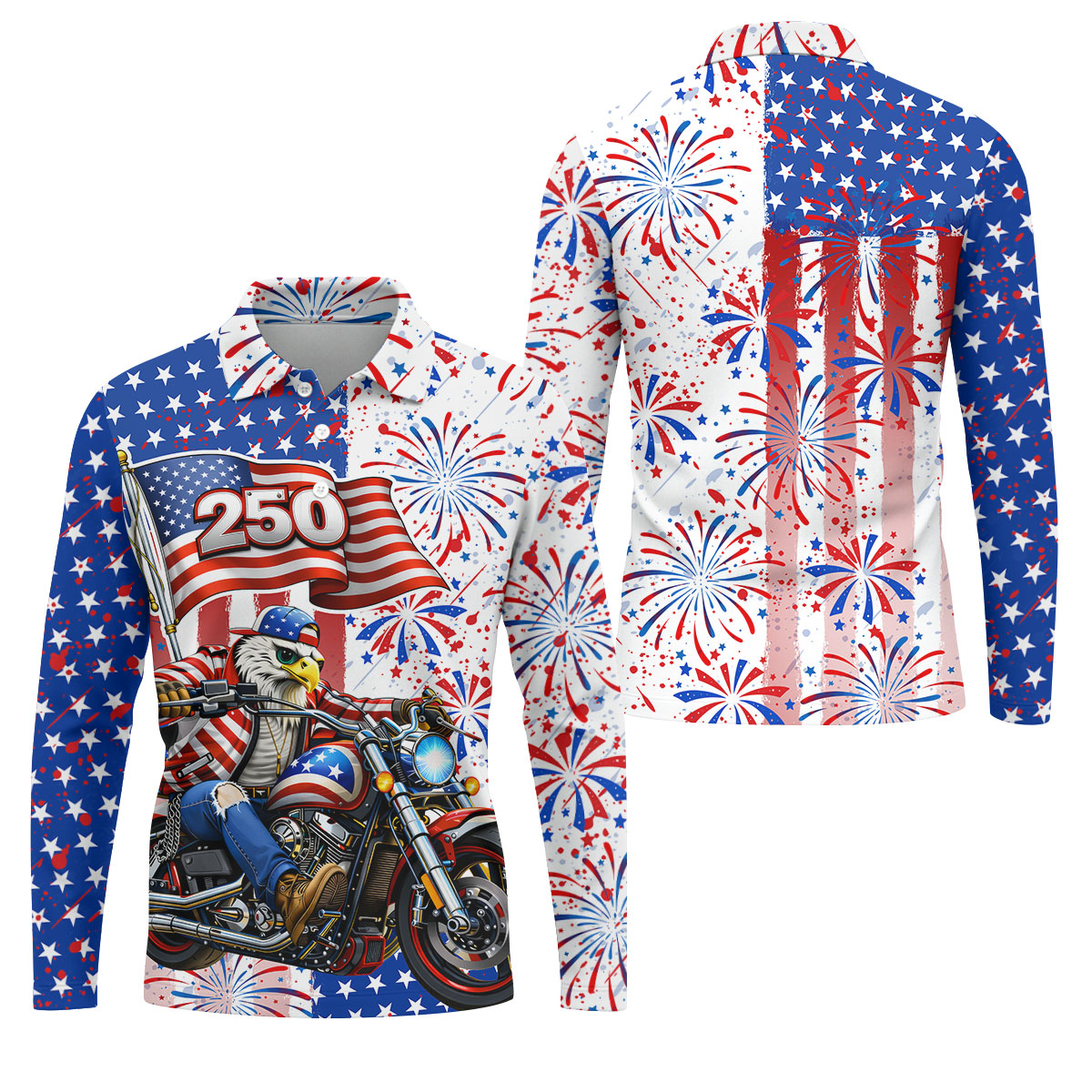250 Years Eagle Motorcycle American Flag Golf Shirt, Patriotic 4th Of July Golf Shirts For Men