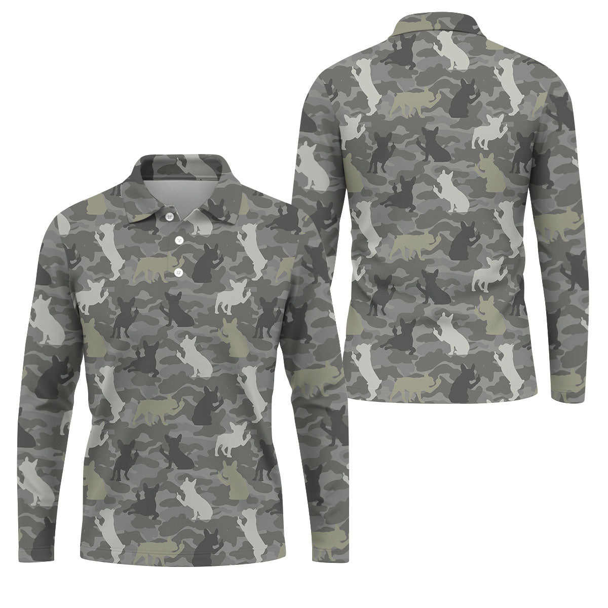 Grey Camo French Bulldog Pattern Golf Shirt, Mens Polo Shirt, Golf Shirts For Men, Performance Golf Shirt