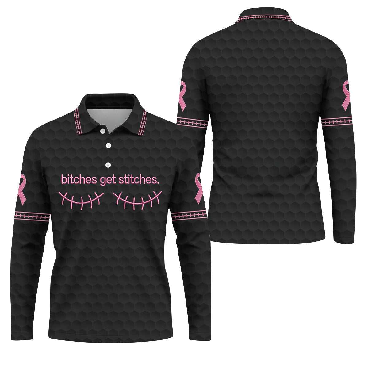 Bitches Get Stitches Breast Cancer Polo Shirt, Golf Shirts For Men, Mens Golf Apparel