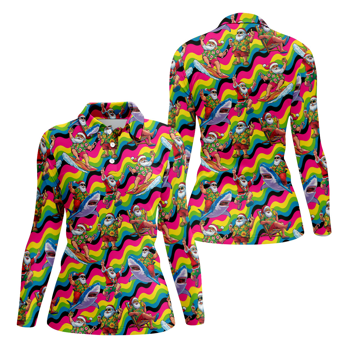 Funny Surfing Santa Riding Shark Hawaiian Golf Shirt, Golf Polo For Women, Printed Golf Shirt