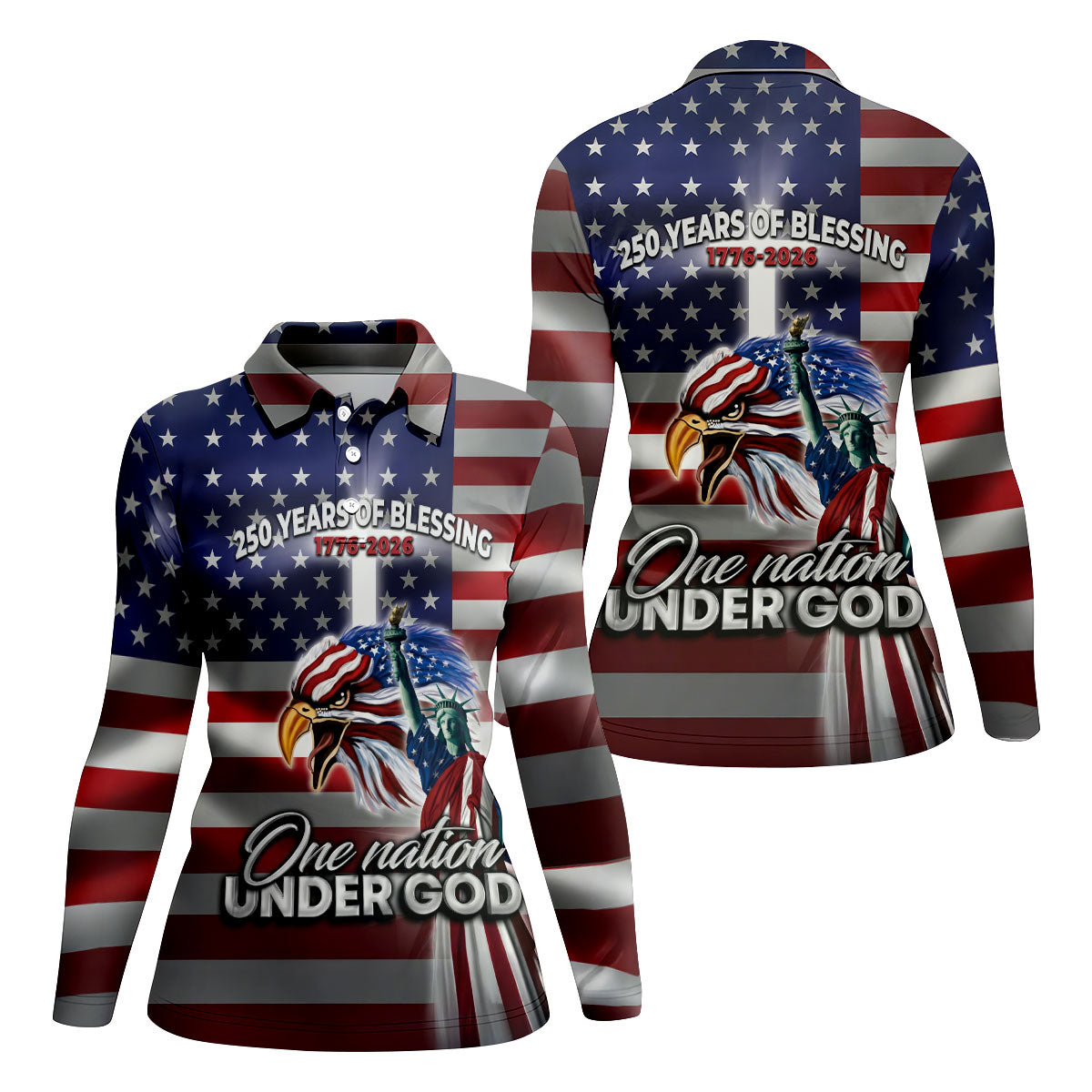 One Nation Under God 250 Years Of Blessing US Flag Golf Shirt, 4th Of July Golf Shirt For Women