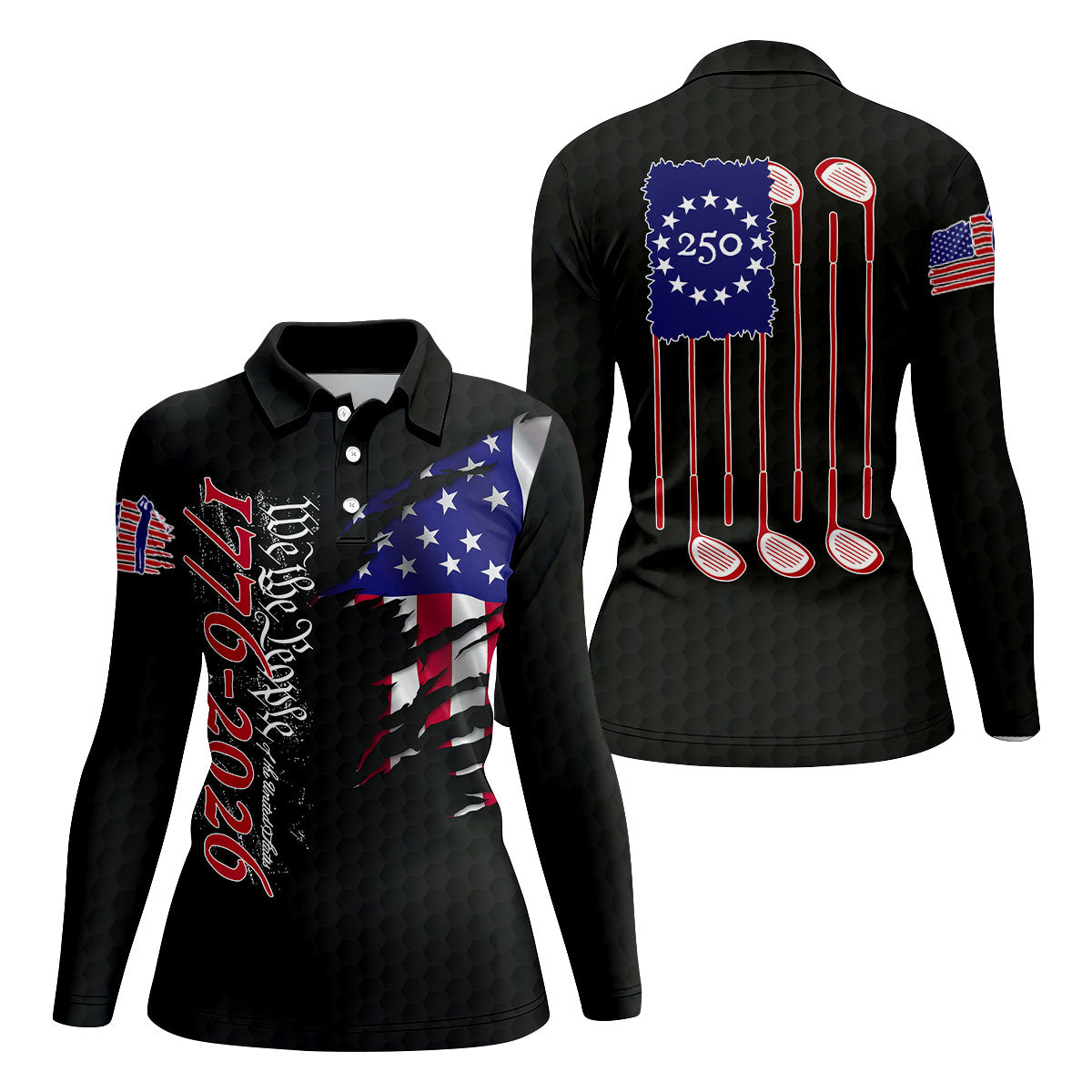 We The People Distressed American Flag Black Golf Shirt, 4th Of July Golf Shirt For Women