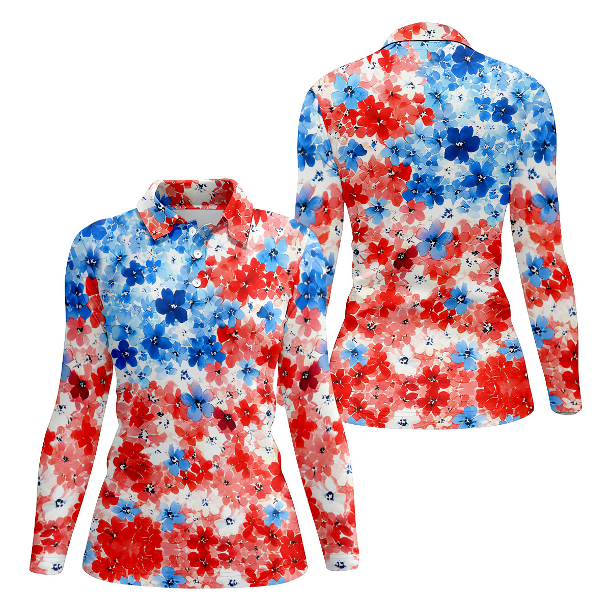 Patriotic Floral Golf Shirt, Red White Blue Blossom Pattern, Golf Shirt For Women