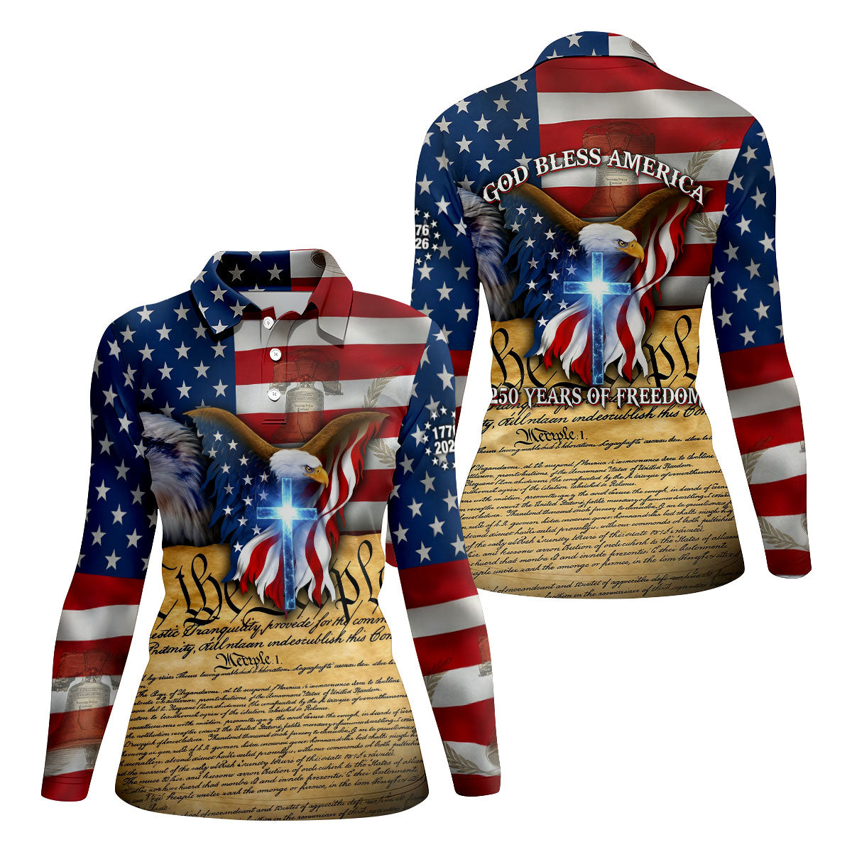 God Bless America 250 Years Of Freedom Faith Cross Patriotic Golf Shirt, 4th Of July Golf Shirt For Women
