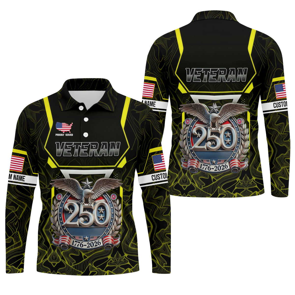Personalized Veteran America 250 Polo Shirt Yellow Accent, Golf Shirts For Men, Mens Golf Apparel