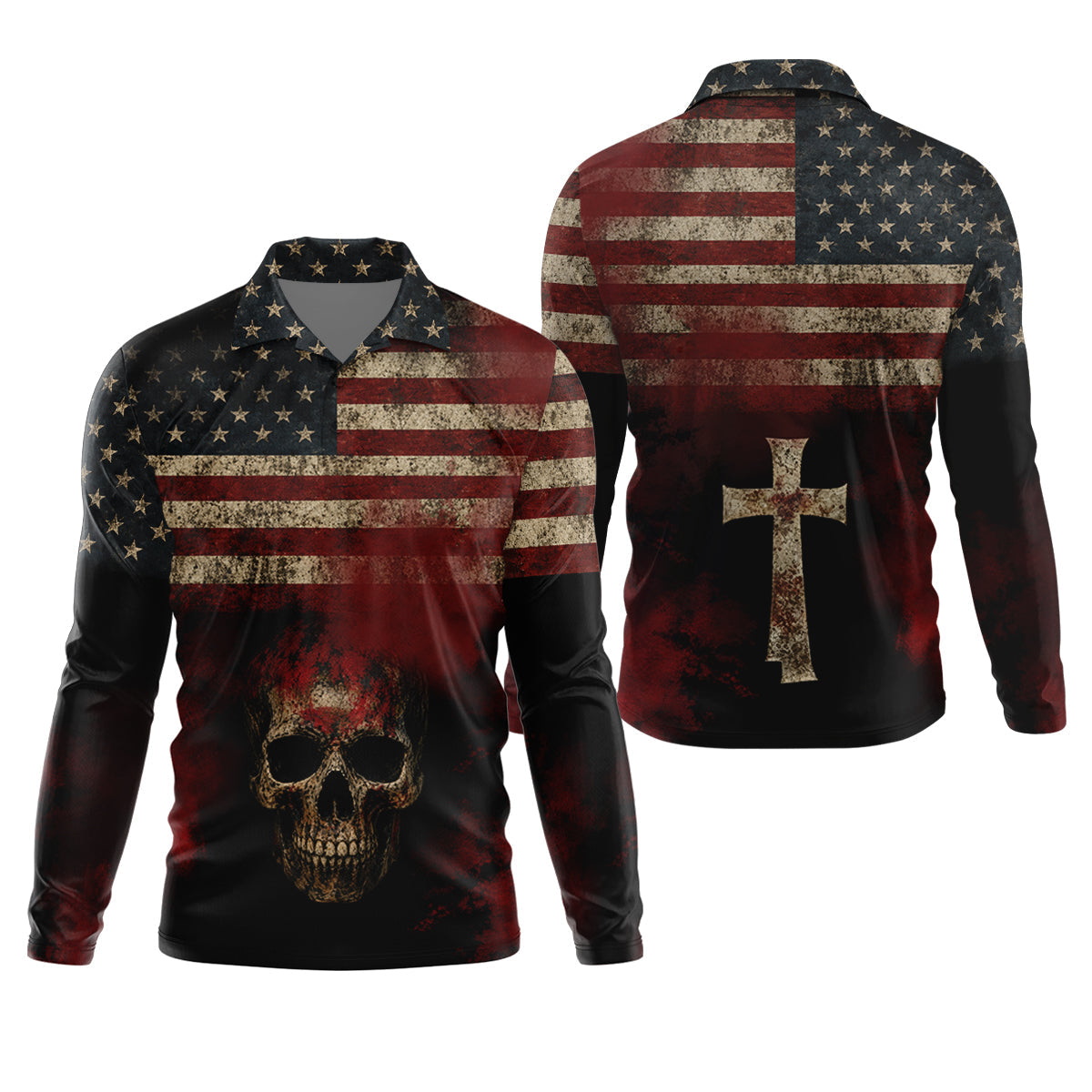 Cool Skull Faith Cross Distressed US Flag 4th Of July Golf Shirt, 250 Years Polo Shirts For Men