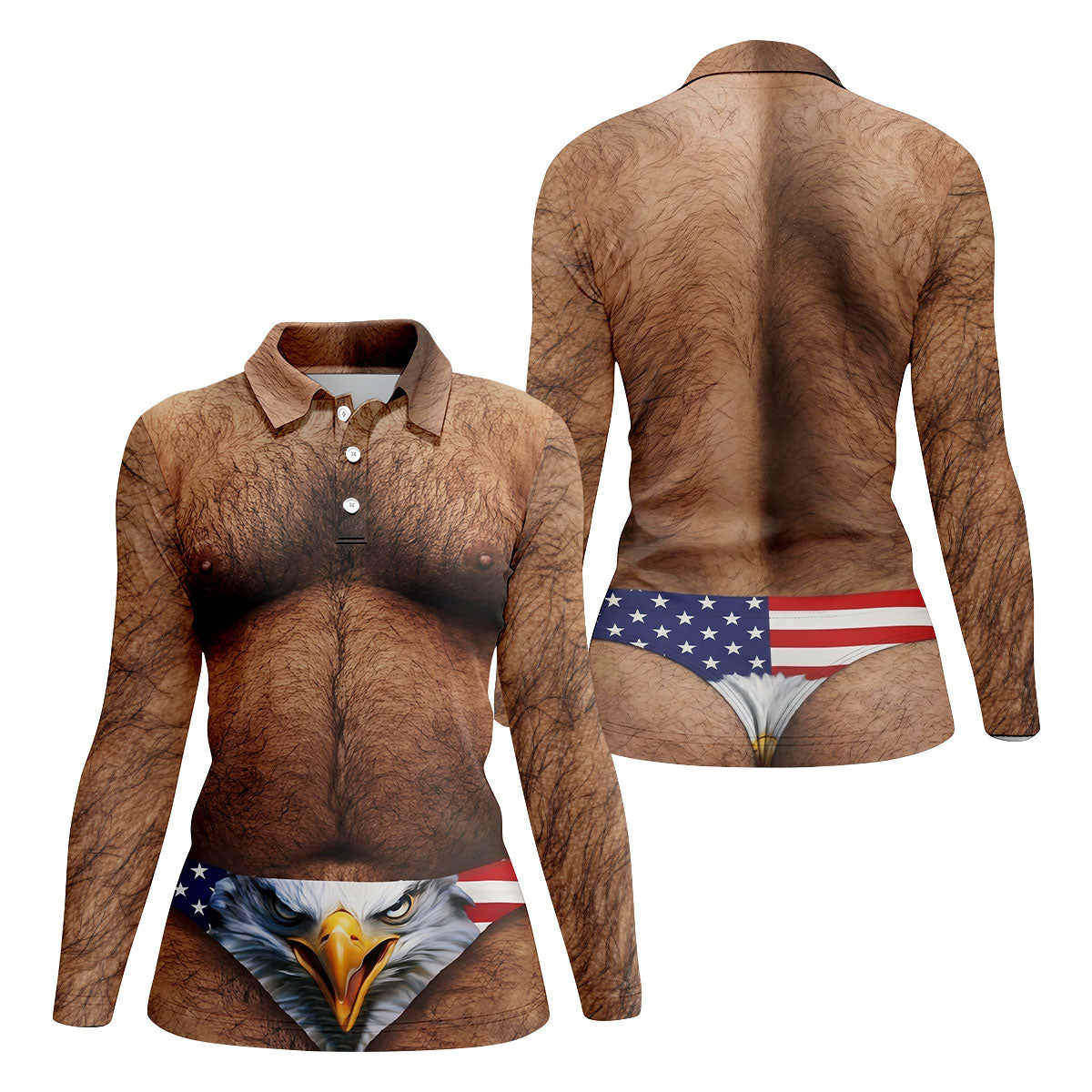 Hairy Body Funny Eagle American Flag Women Golf Shirt, 250th Anniversary 4th Of July Ladies Golf Shirt