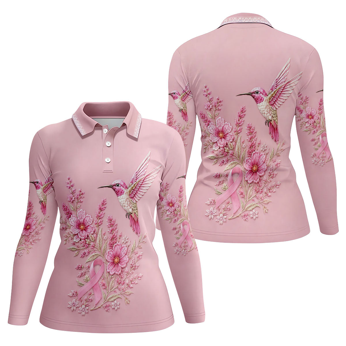 Hummingbird Floral Breast Cancer Ribbon Polo Shirt, Ladies Golf Tops, Golf Shirts For Women