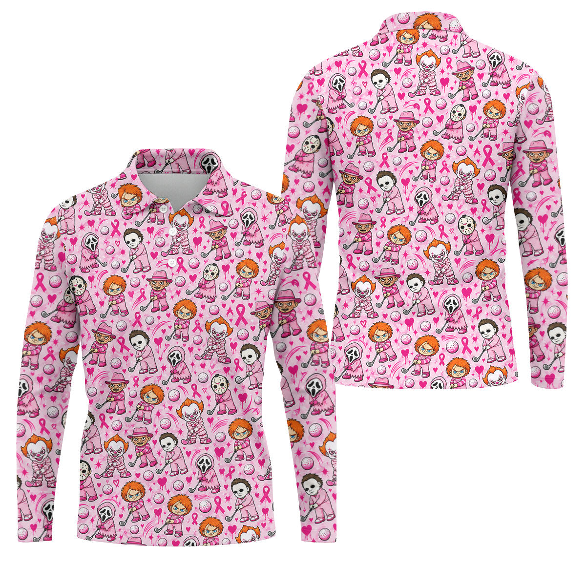 Halloween Horror Character Breast Cancer Polo Shirt, Mens Golf Shirts, Mens Golf Apparel