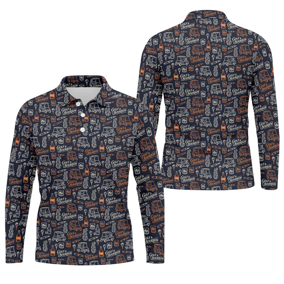 Funny Golf Bourbon Cigar Pattern Polo Shirt, Golf Polo Shirts For Men, Mens Golf Apparel