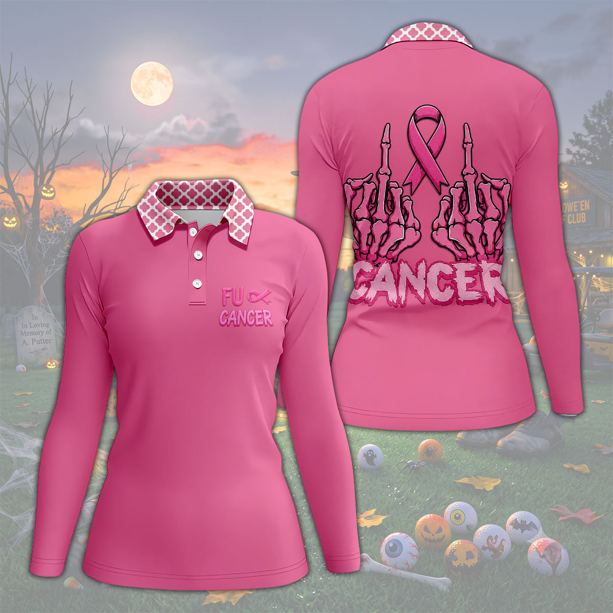 Pink F Cancer Skeleton Middle Finger Breast Cancer Polo Shirt, Ladies Golf Tops, Women’s Golf Polo