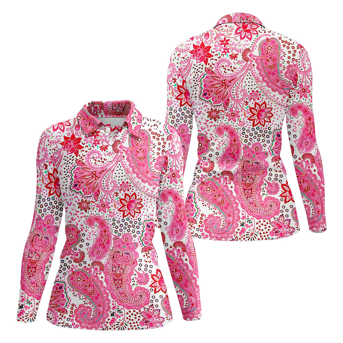 Pink Paisley Floral Pattern Golf Shirt, Golf Tops For Women, Hawaiian Golf Shirt, Women’s Golf Apparel